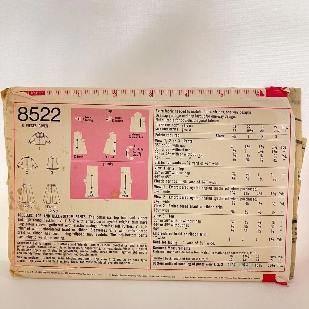 #8522 Simplicity  VTG Toddlers Top and Bell Bottom Sewing Pattern Size 3